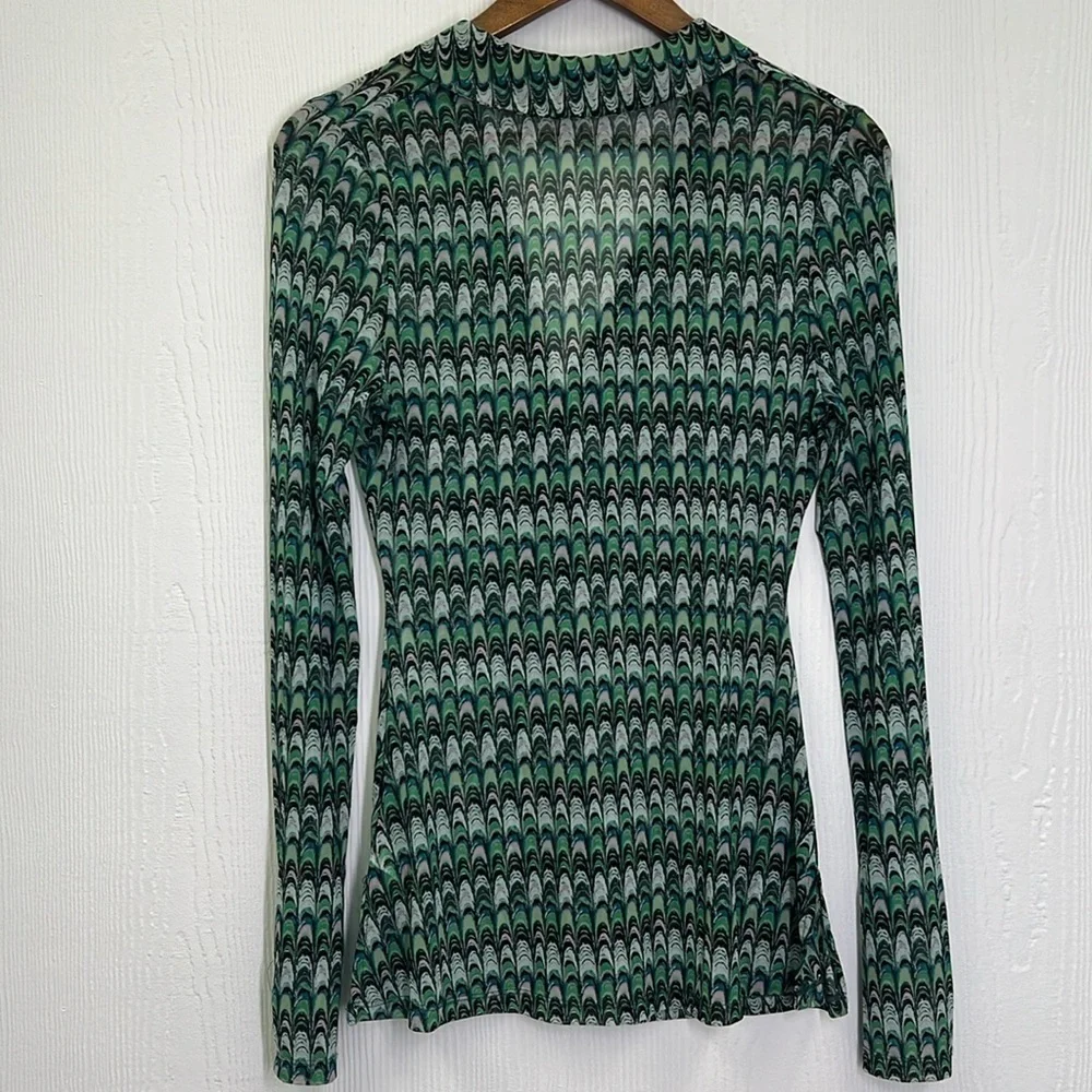 Free People - Green Fish Scale Button Down Ling Sleeve Sheer Blouse Size Small